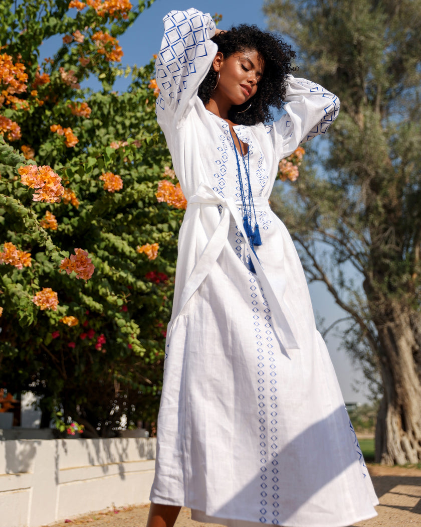 White Blue Geometric Embroidered Linen Kaftan Maxi Dress