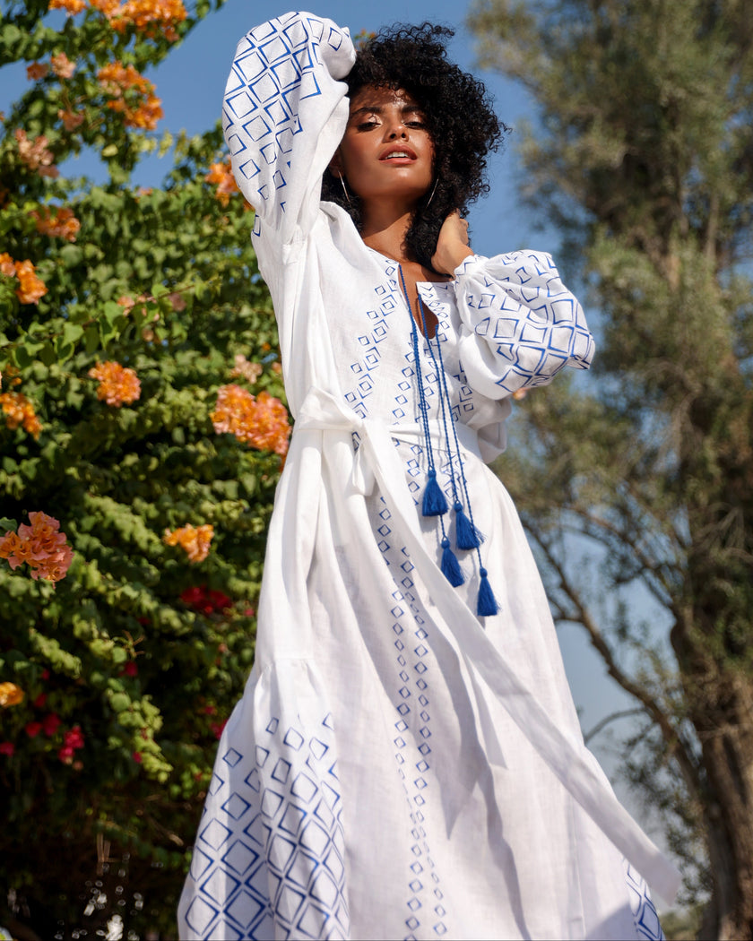 White Blue Geometric Embroidered Linen Kaftan Maxi Dress
