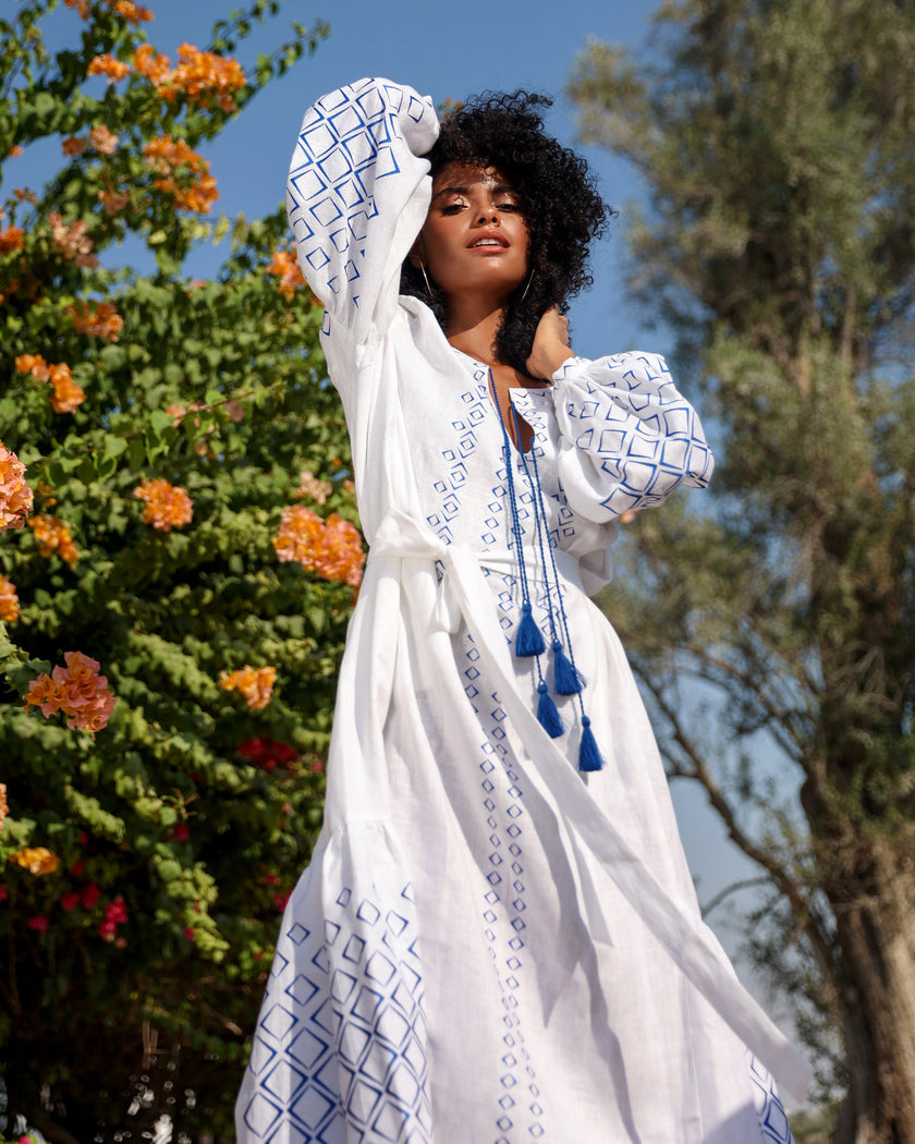 White Embroidered Linen Maxi Dress | ZALXNDRA