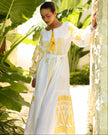 White Yellow Geometric Embroidered Linen Kaftan Maxi Dress