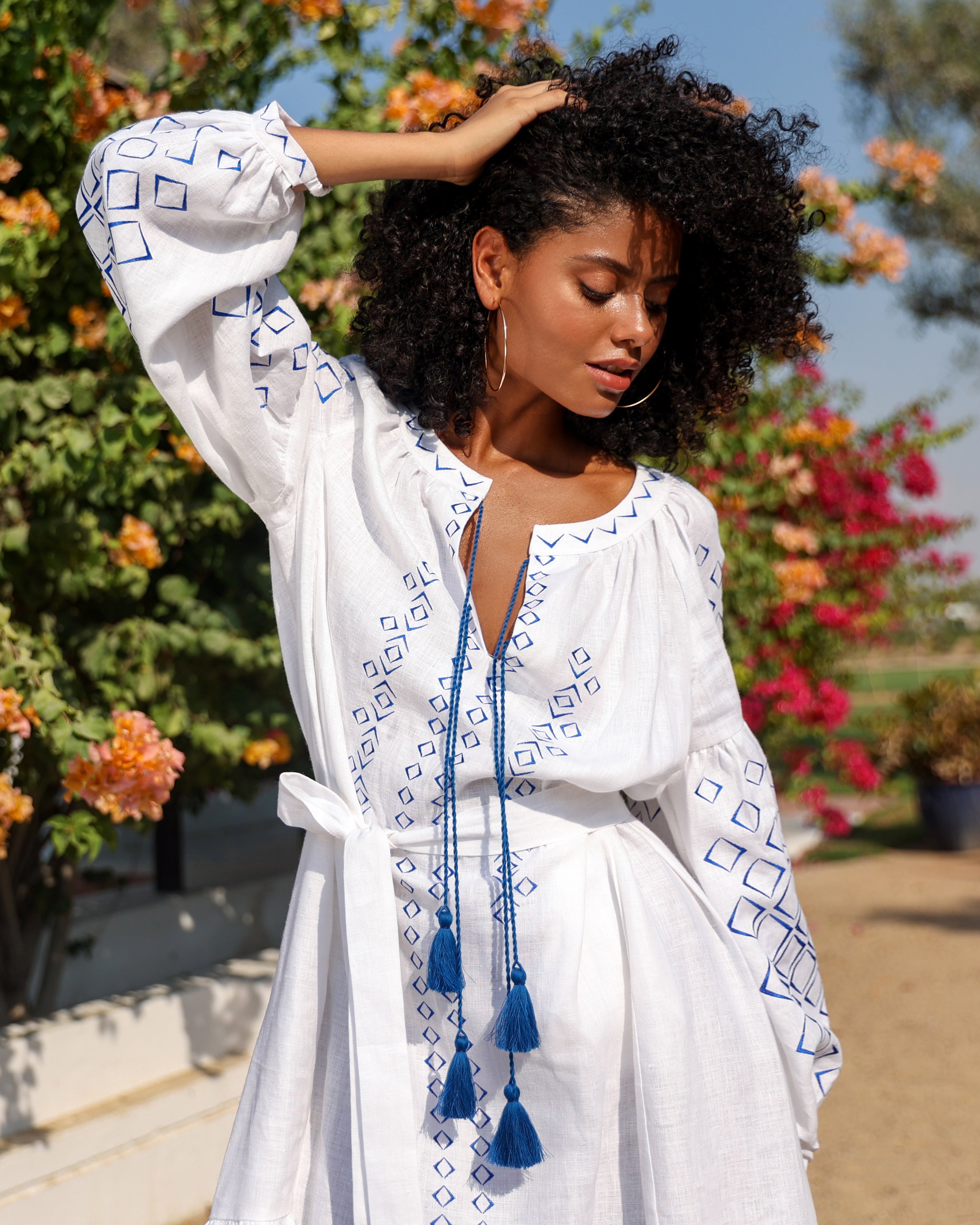 White Embroidered Linen Maxi Dress – Balloon Sleeves || ZALXNDRA