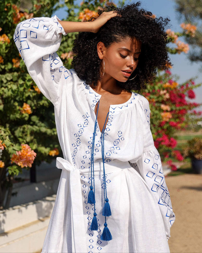 White Blue Geometric Embroidered Linen Kaftan Maxi Dress