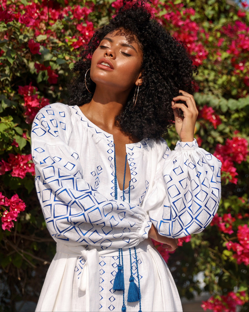 White Blue Geometric Embroidered Linen Kaftan Maxi Dress