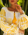 White Yellow Geometric Embroidered Linen Kaftan Maxi Dress