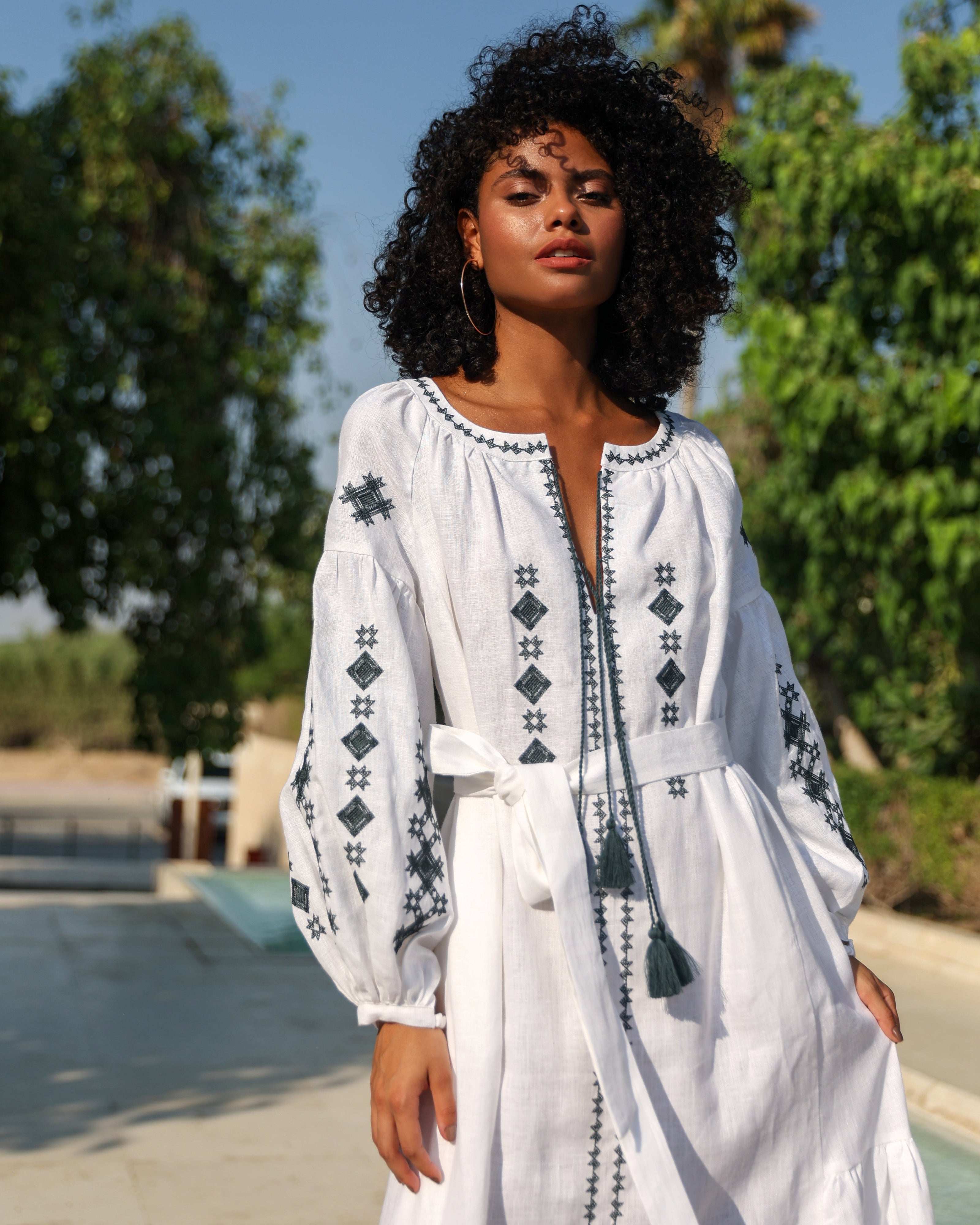 White Embroidered Linen Maxi Dress – Balloon Sleeves || ZALXNDRA