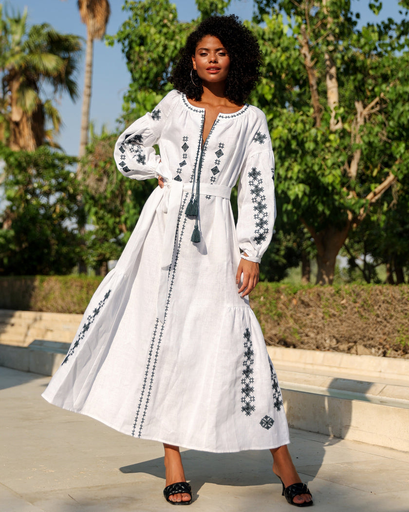 White Embroidered Linen Maxi Dress – Balloon Sleeves | ZALXNDRA