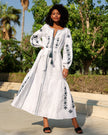 White Embroidered Linen Maxi Dress – Balloon Sleeves || ZALXNDRA