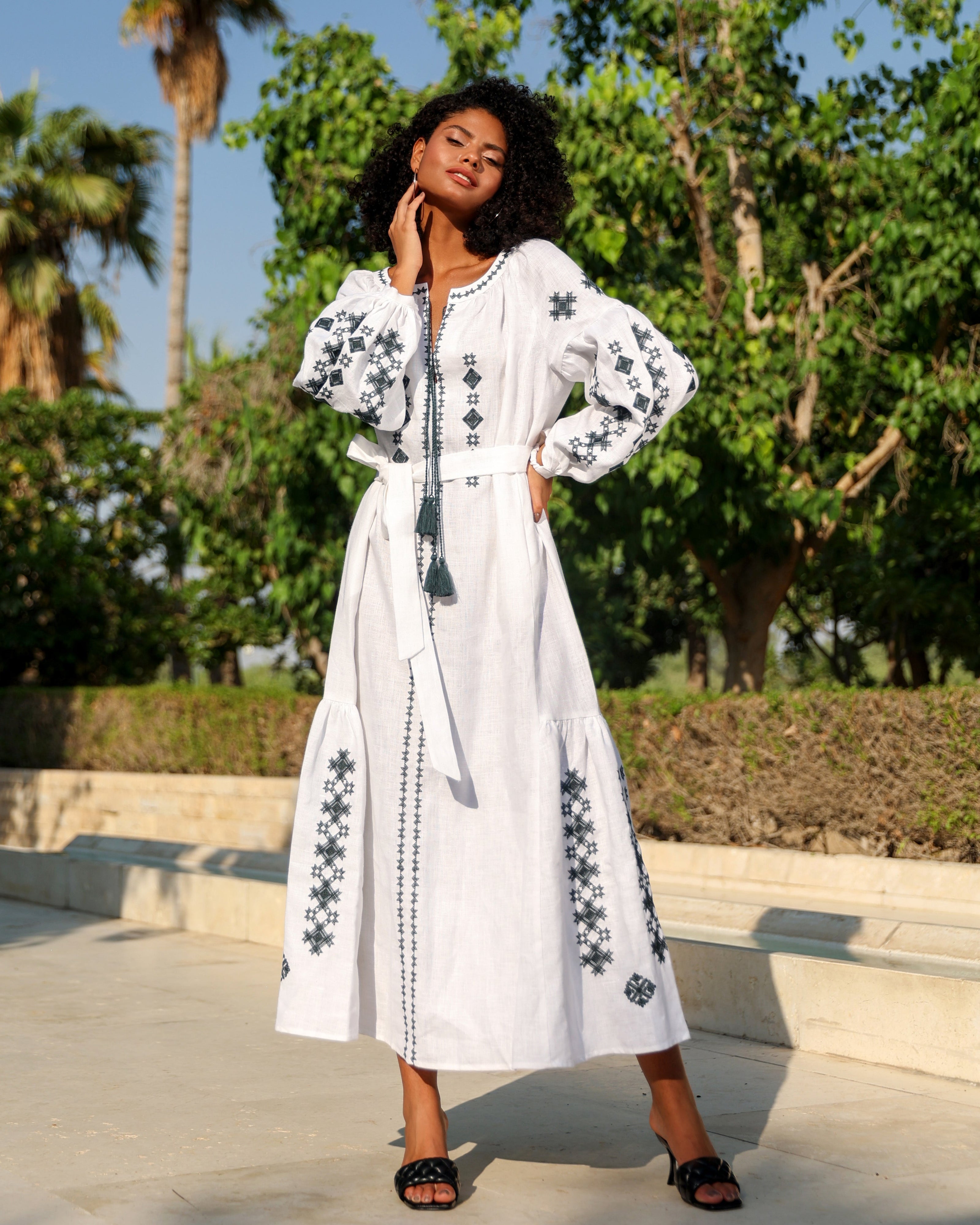 White Embroidered Linen Maxi Dress – Balloon Sleeves || ZALXNDRA