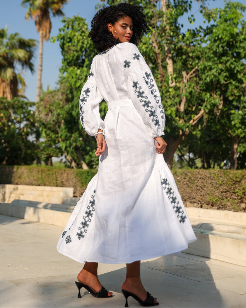 White Black Geometric Embroidered Linen Kaftan Maxi Dress