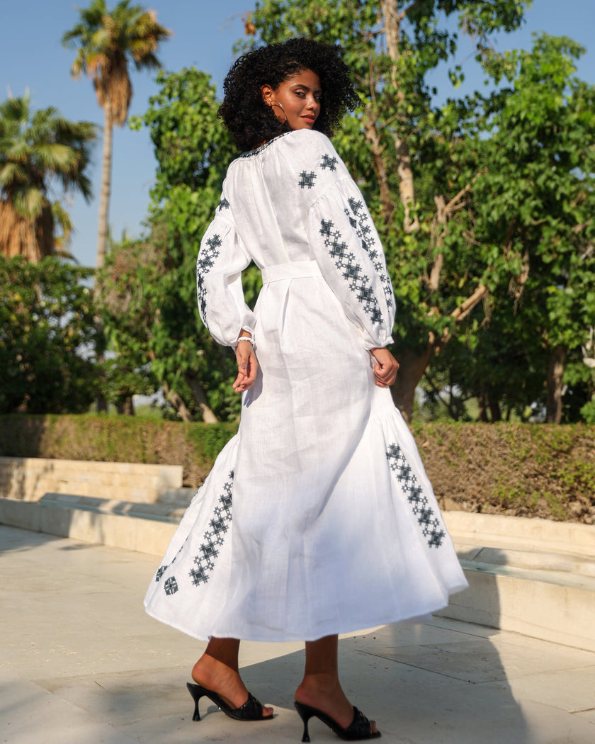 White Embroidered Linen Maxi Dress – Balloon Sleeves | ZALXNDRA