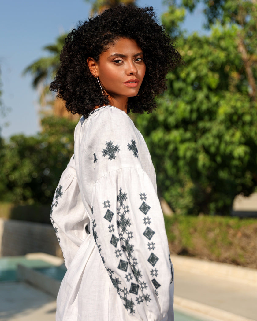 White Black Geometric Embroidered Linen Kaftan Maxi Dress