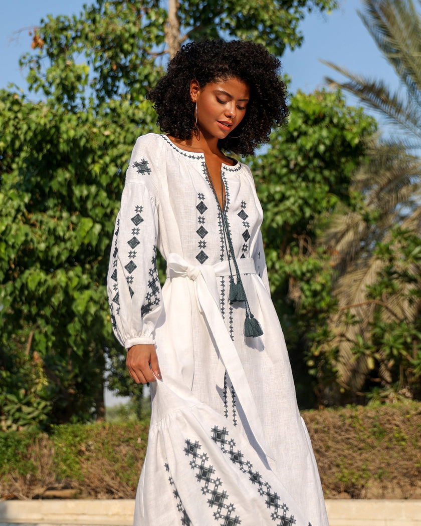 White Embroidered Linen Maxi Dress – Balloon Sleeves | ZALXNDRA