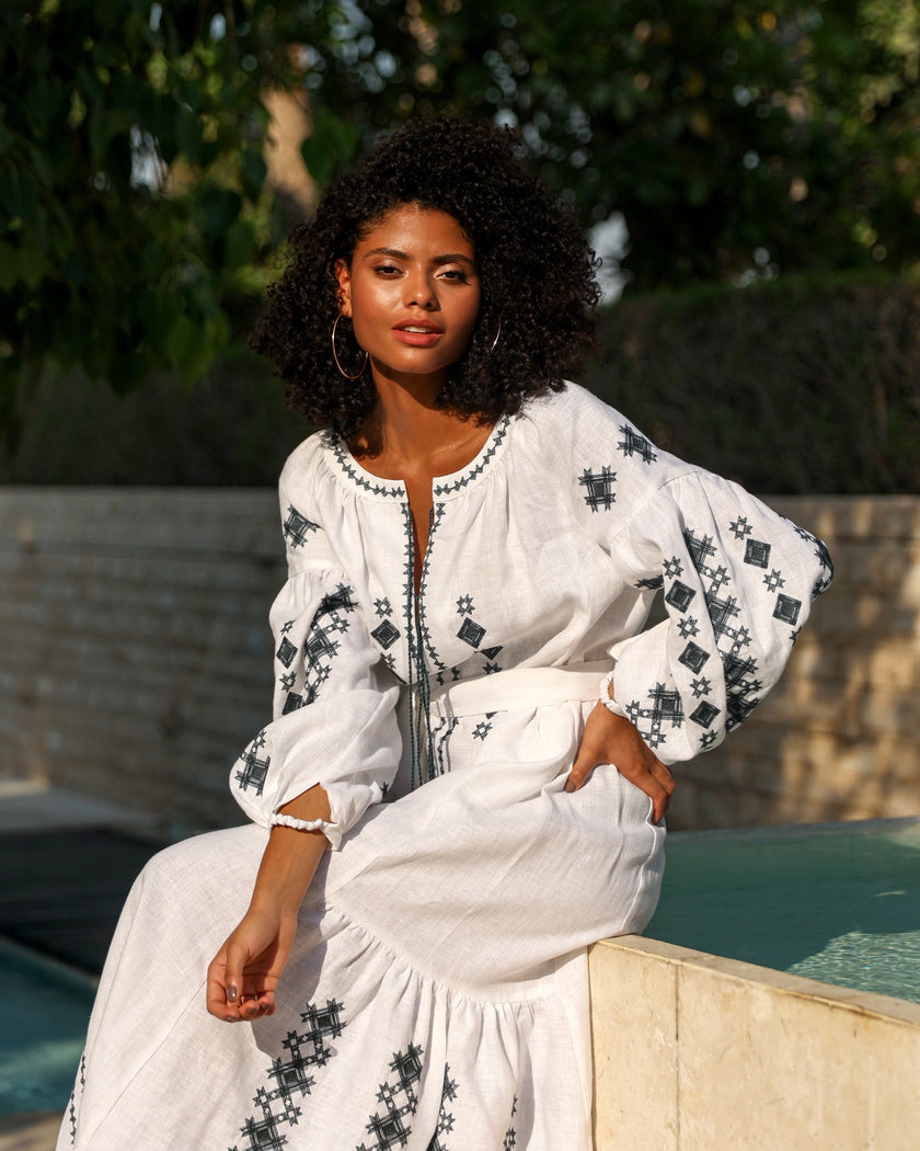 White Embroidered Linen Maxi Dress – Balloon Sleeves | ZALXNDRA