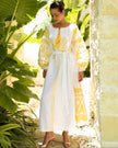 White Yellow Geometric Embroidered Linen Kaftan Maxi Dress