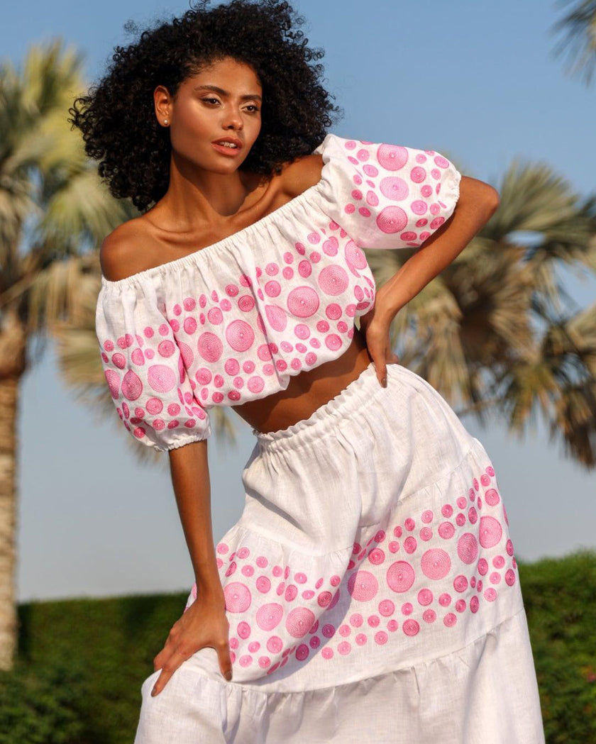 White Pink Circle Embroidered Linen Crop Top & Maxi Skirt Set