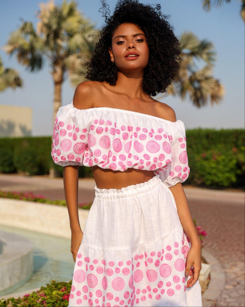White Pink Circle Embroidered Linen Crop Top & Maxi Skirt Set