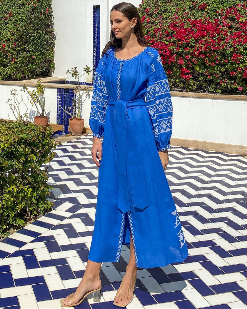 Royal Blue Hand-Embroidered Cross-Stitch Linen Kaftan Maxi Dress