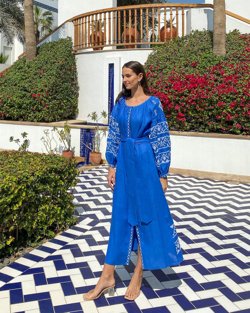 Royal Blue Embroidered Linen Maxi Dress – Balloon Sleeves