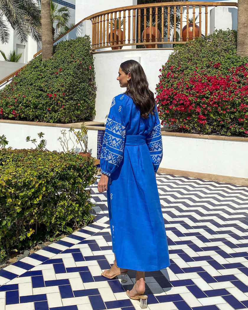 Royal Blue Hand-Embroidered Cross-Stitch Linen Kaftan Maxi Dress