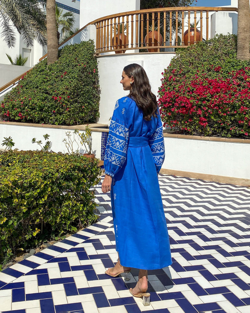 Royal Blue Embroidered Linen Maxi Dress – Balloon Sleeves