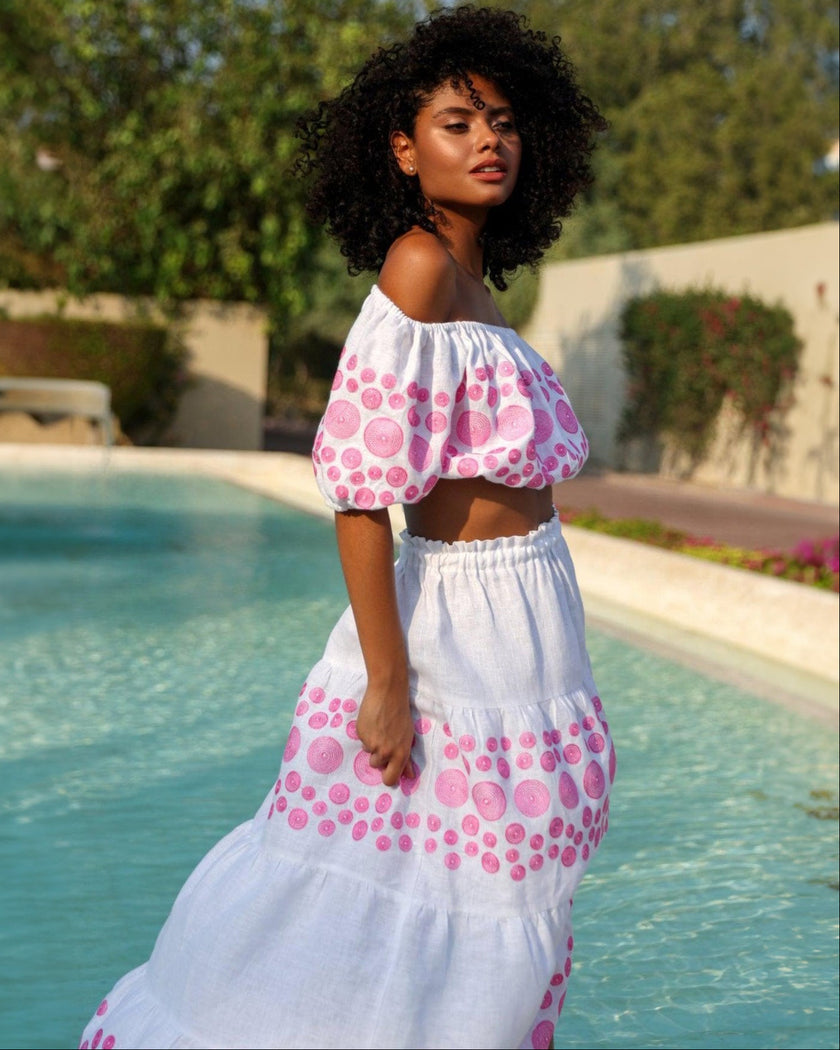 White Pink Circle Embroidered Linen Crop Top & Maxi Skirt Set