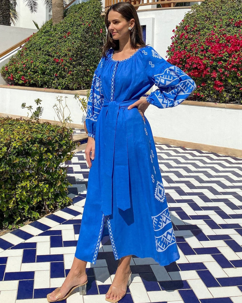 Royal Blue Hand-Embroidered Cross-Stitch Linen Kaftan Maxi Dress