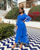 Royal Blue Embroidered Linen Maxi Dress – Balloon Sleeves