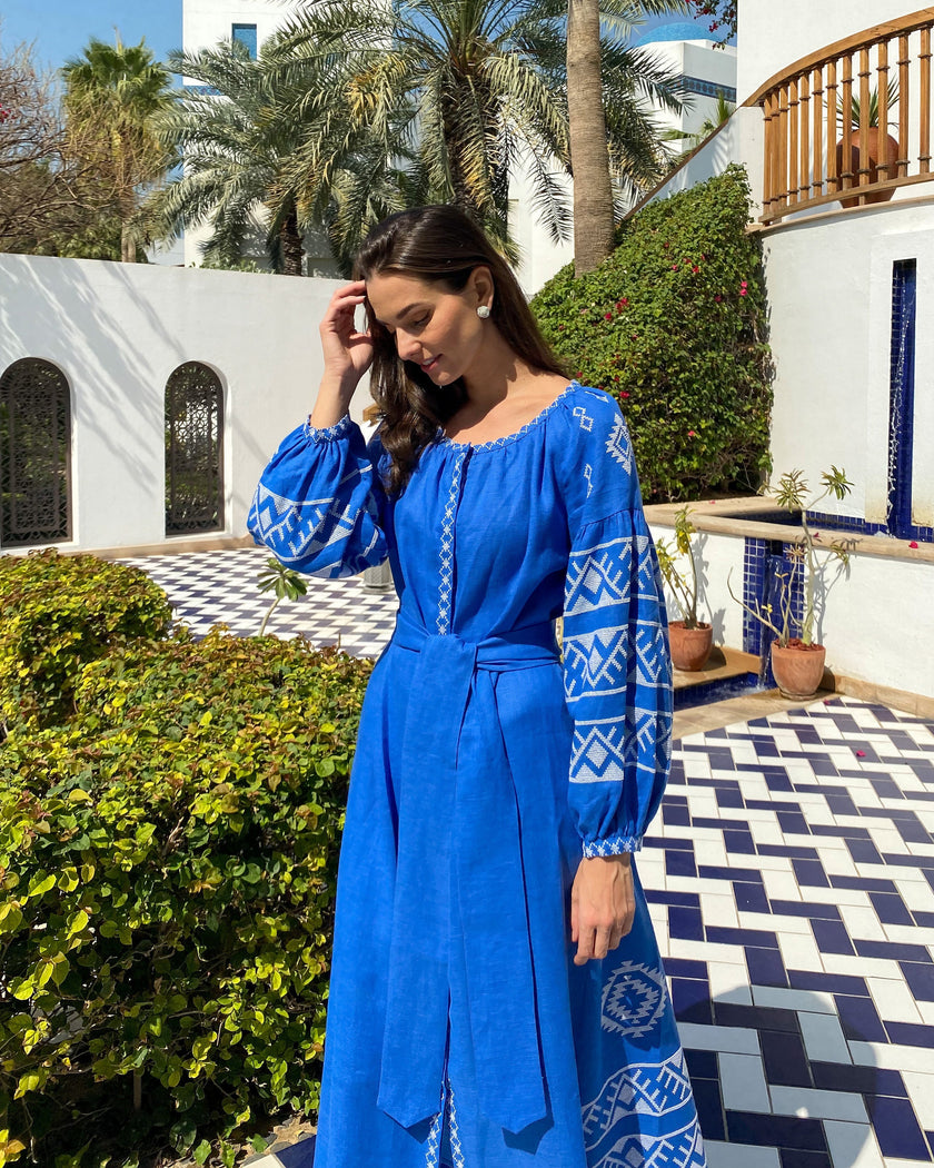 Royal Blue Embroidered Linen Maxi Dress – Balloon Sleeves