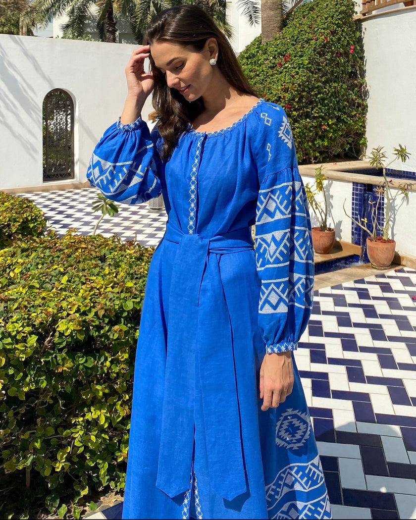 Royal Blue Hand-Embroidered Cross-Stitch Linen Kaftan Maxi Dress
