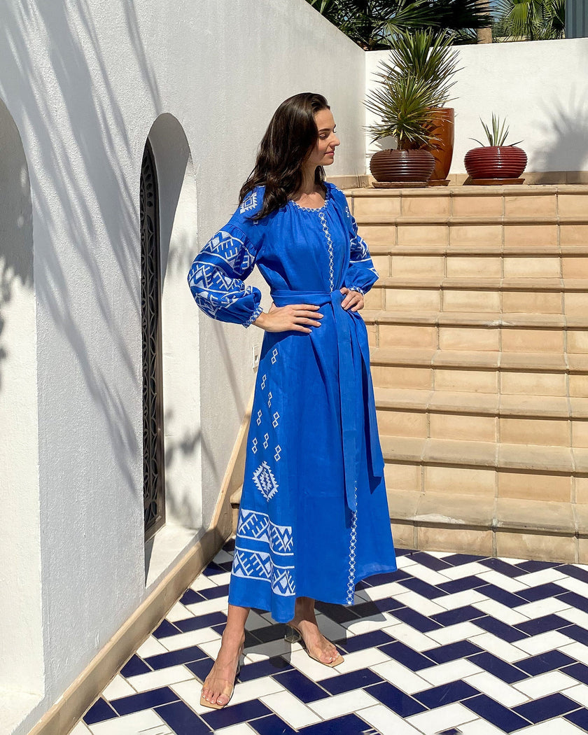 Royal Blue Embroidered Linen Maxi Dress – Balloon Sleeves