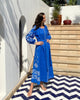 Robe longue en lin brodé bleu roi – Manches ballon