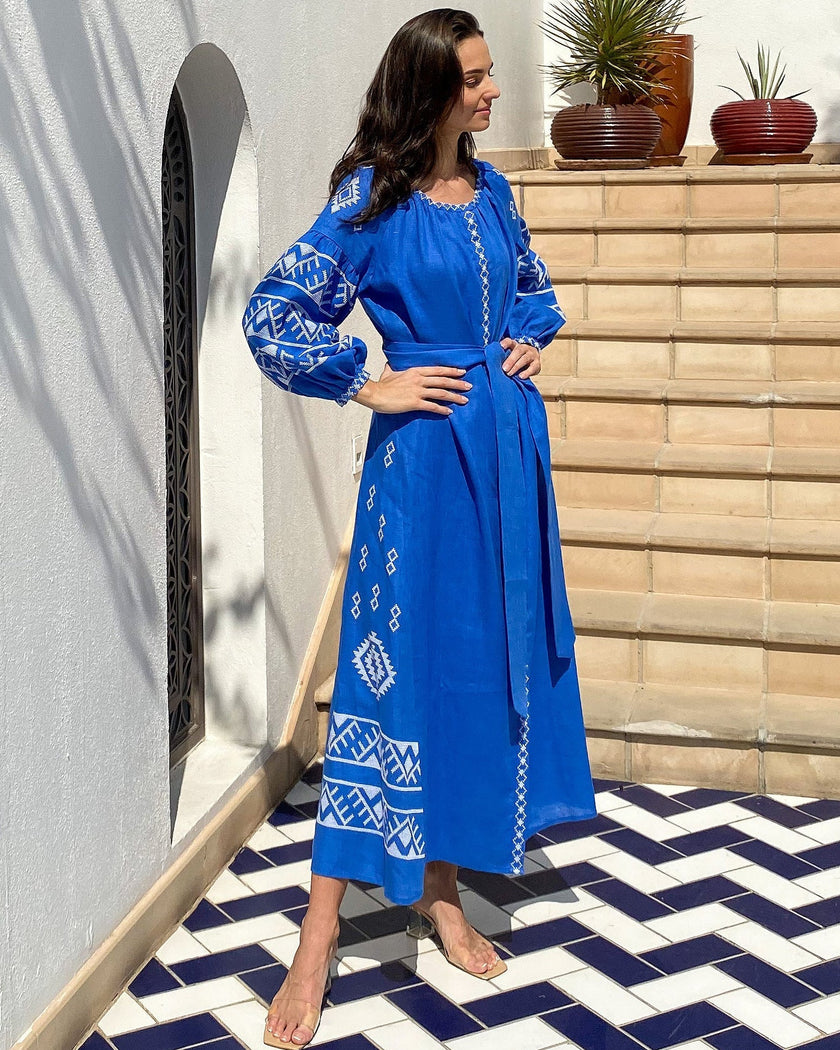 Royal Blue Hand-Embroidered Cross-Stitch Linen Kaftan Maxi Dress