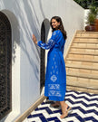 Royal Blue Embroidered Linen Maxi Dress – Balloon Sleeves