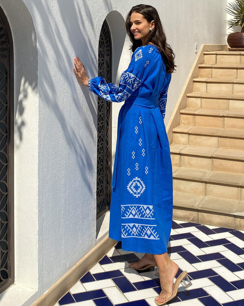 Royal Blue Hand-Embroidered Cross-Stitch Linen Kaftan Maxi Dress