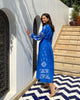 Royal Blue Embroidered Linen Maxi Dress – Balloon Sleeves