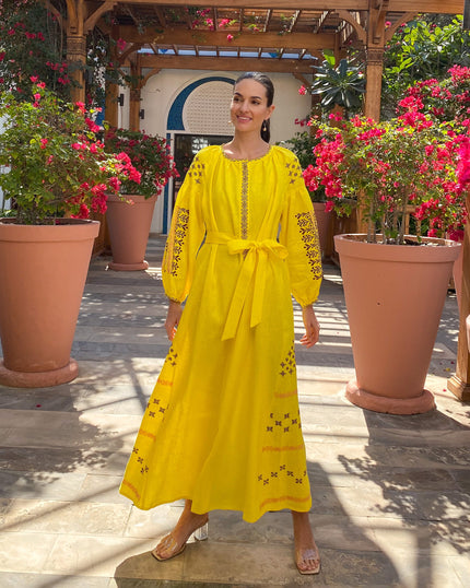 Lemon Yellow Embroidered Linen Maxi Dress – Balloon Sleeves