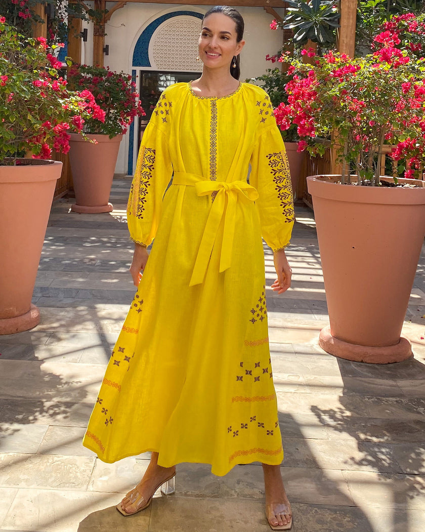 Yellow Hand-Embroidered Cross-Stitch Linen Kaftan Maxi Dress