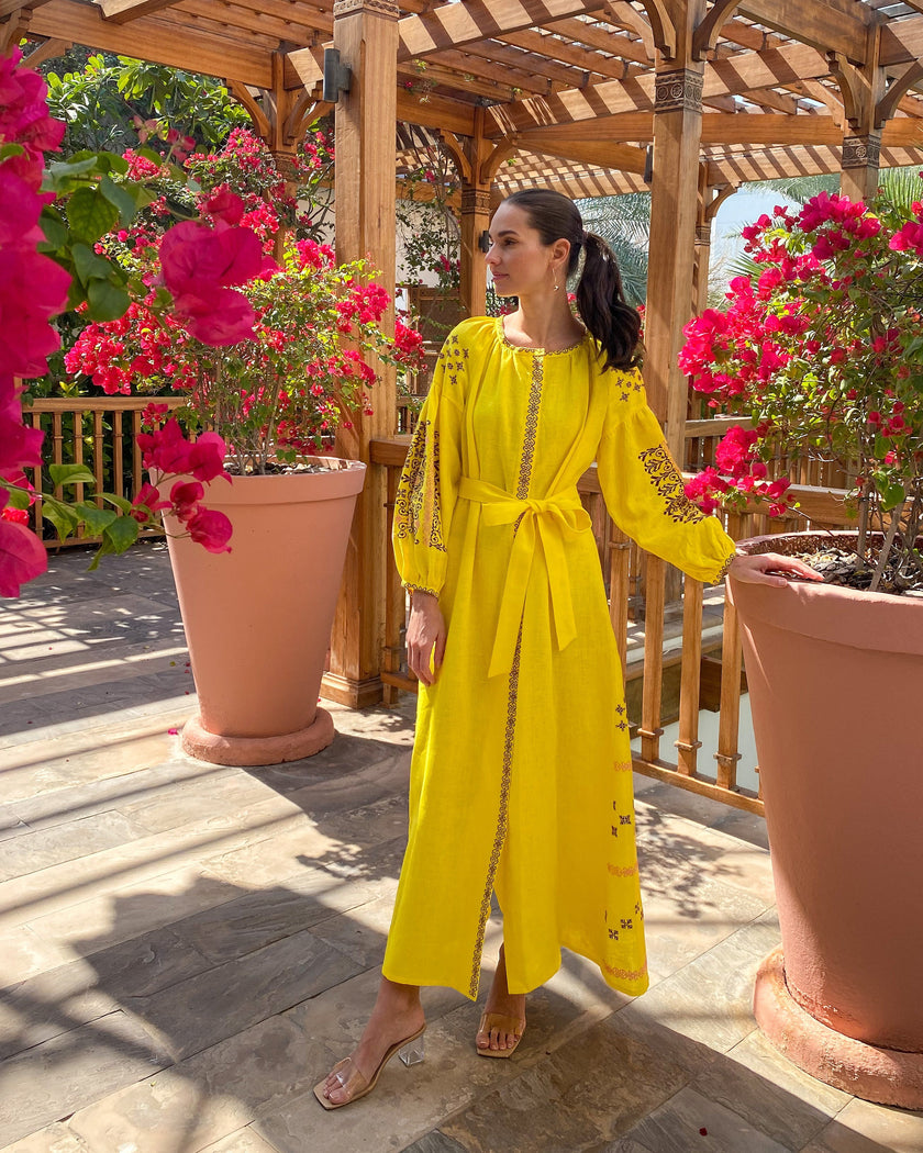 Lemon Yellow Embroidered Linen Maxi Dress – Balloon Sleeves