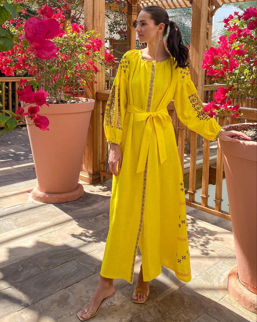 Yellow Hand-Embroidered Cross-Stitch Linen Kaftan Maxi Dress