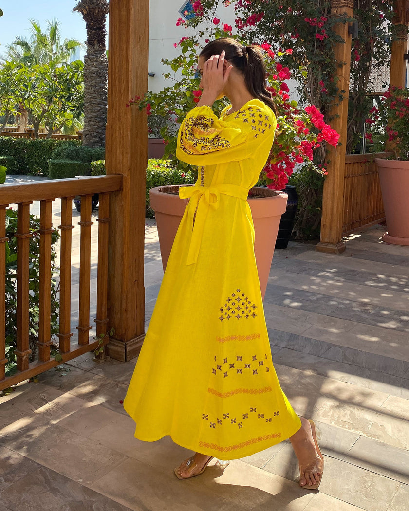 Lemon Yellow Embroidered Linen Maxi Dress – Balloon Sleeves