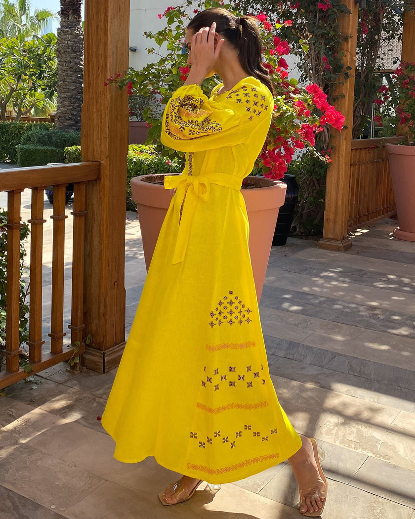 Yellow Hand-Embroidered Cross-Stitch Linen Kaftan Maxi Dress