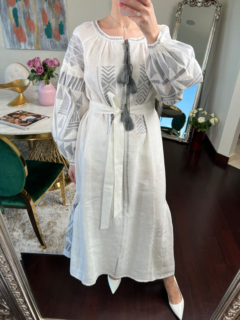 White Grey Geometric Embroidered Linen Kaftan Maxi Dress