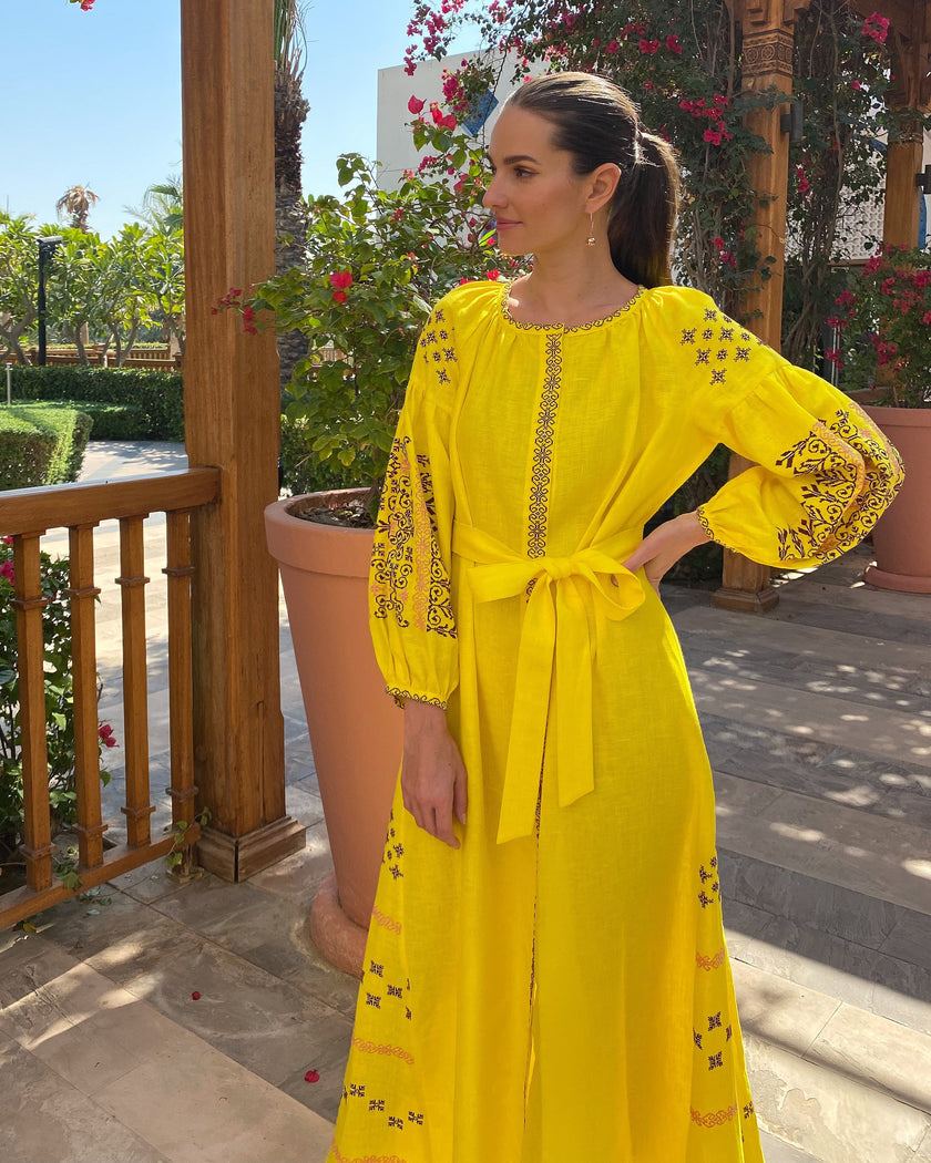 Lemon Yellow Embroidered Linen Maxi Dress – Balloon Sleeves