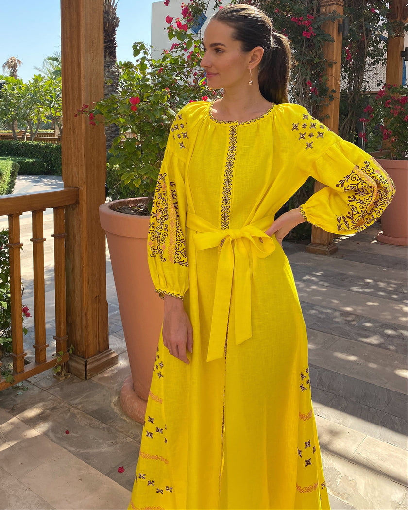 Yellow Hand-Embroidered Cross-Stitch Linen Kaftan Maxi Dress