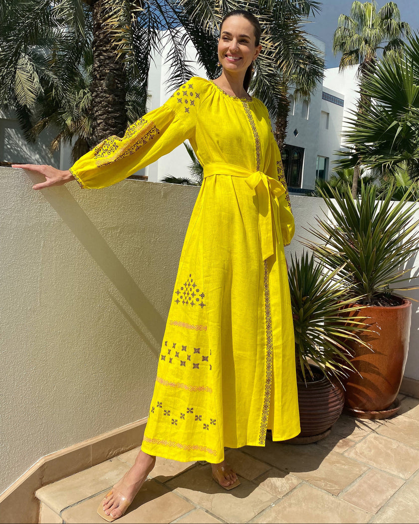 Yellow Hand-Embroidered Cross-Stitch Linen Kaftan Maxi Dress