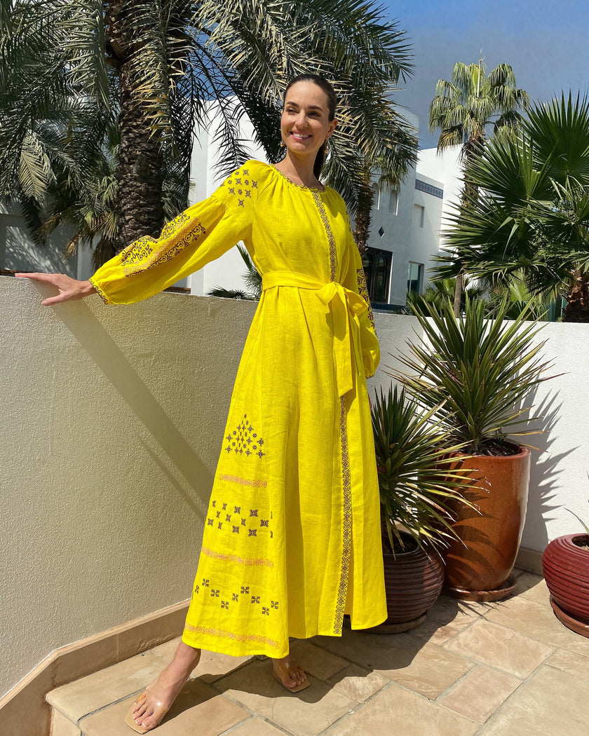 Lemon Yellow Embroidered Linen Maxi Dress – Balloon Sleeves