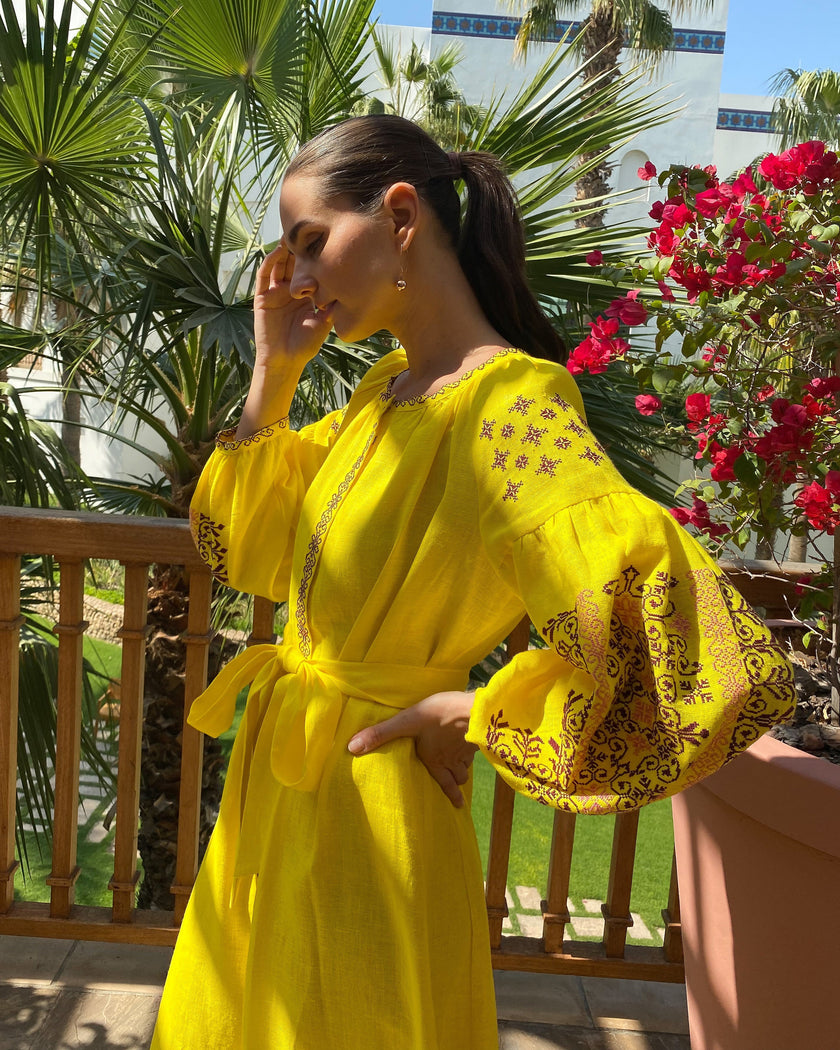 Lemon Yellow Embroidered Linen Maxi Dress – Balloon Sleeves