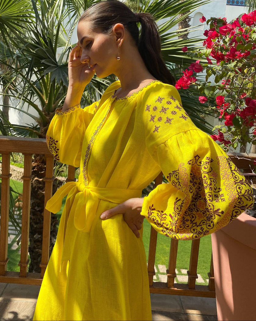 Yellow Hand-Embroidered Cross-Stitch Linen Kaftan Maxi Dress