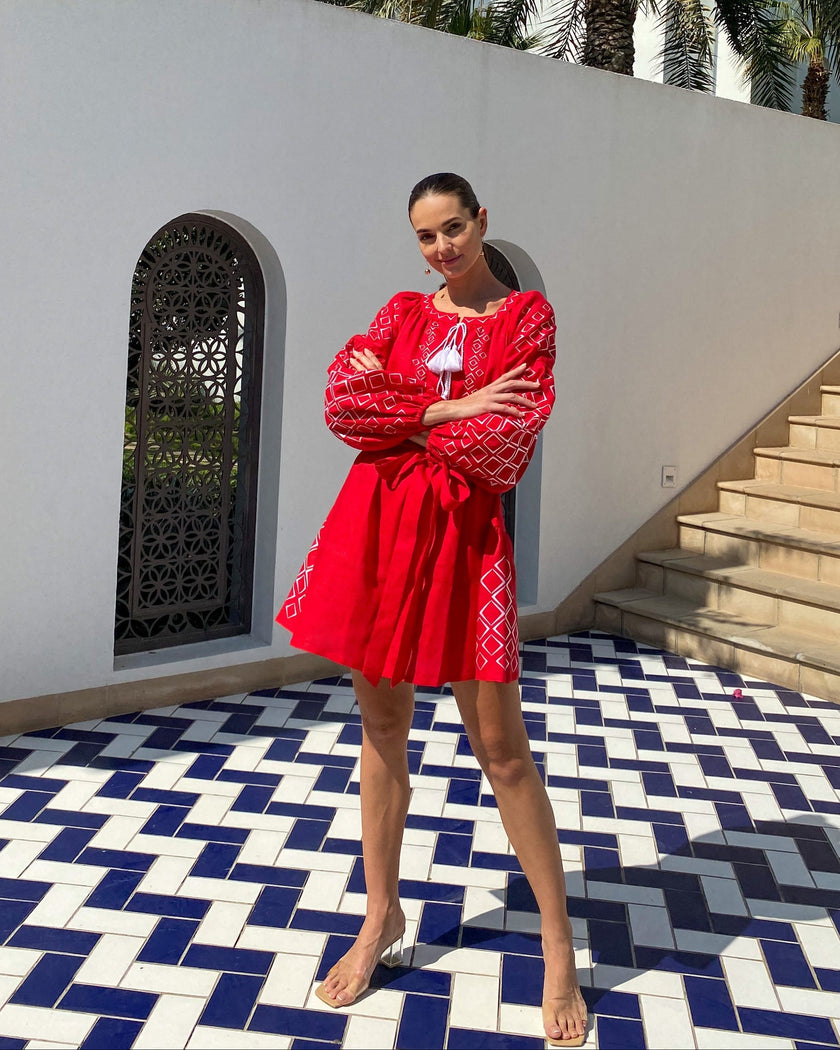 Red White Geometric Embroidered Linen Kaftan Mini Dress