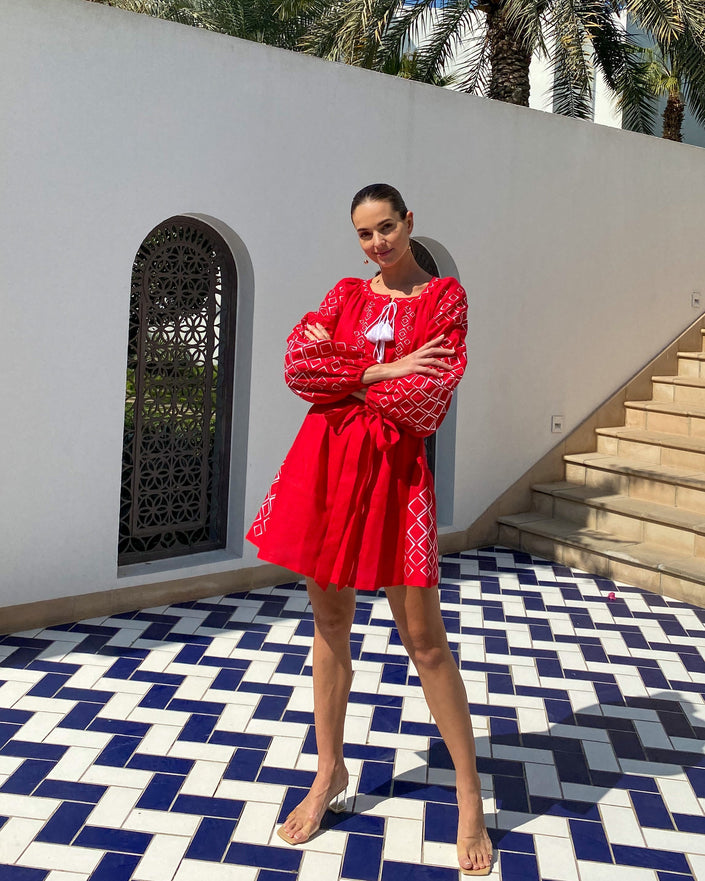 Scarlet Red Embroidered Linen Mini Dress – Balloon Sleeves